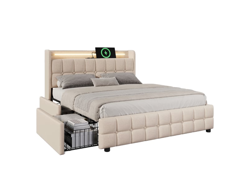  Lit rembourré 140x200 cm avec 4 tiroirs, lit adulte avec tête de lit led et prise intégrée, bois lin beige  - Conforama D