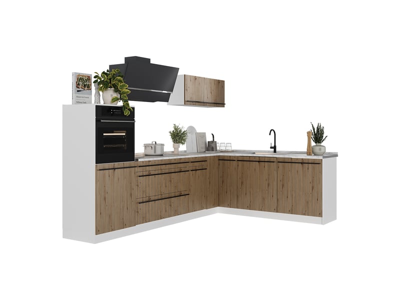  Vicco cuisine en angle, chêne artisanblanc, 287 x cm plan de travail marbre  - Conforama E