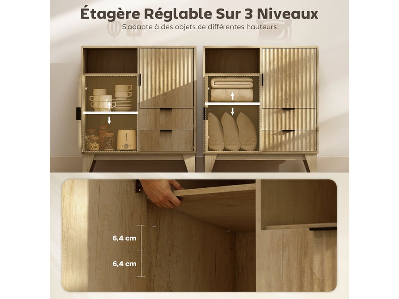  Buffet salon, meuble de rangement, 2 portes, 2 tiroirs, étagère réglable, compartiment ouvert, bois naturel, 80x40x90cm  - Conforama E