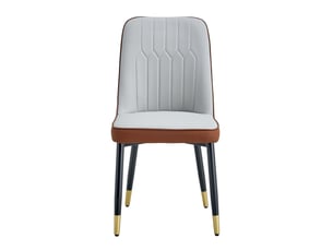 Lot de 2 chaises de salle à manger modernes et épurées, dossier en similicuir bicolore (gris clair et marron), pieds noirs en métal, pour cuisine et salon.