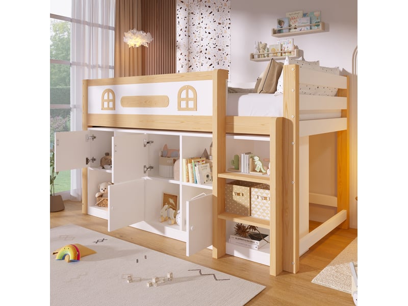  Lit simple mi-hauteur 90x200 cm avec tableau, rangements et échelle blanc naturel  - Conforama D