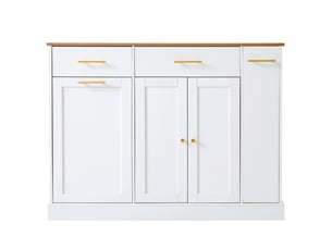 Îlot de cuisine blanc et naturel 120 cm, plateau rabattable, 3 tiroirs, poubelle