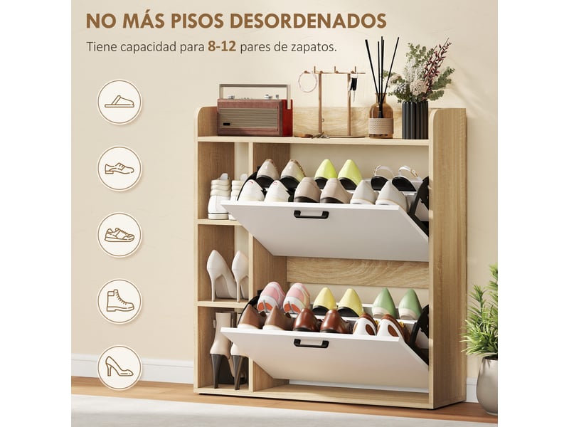  Meuble à chaussures étroit à 2 portes, 3 étagères latérales et étagères réglables pour 15 paires de chaussures, naturel et blanc  - Conforama E