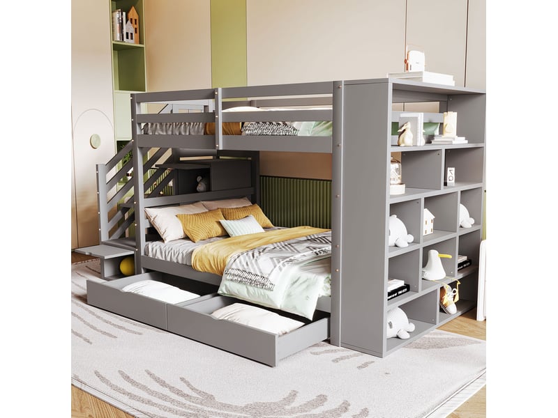  Lit superposé 90x200 cm avec escalier de sécurité, rangements, bois, gris, sans matelas  - Conforama D