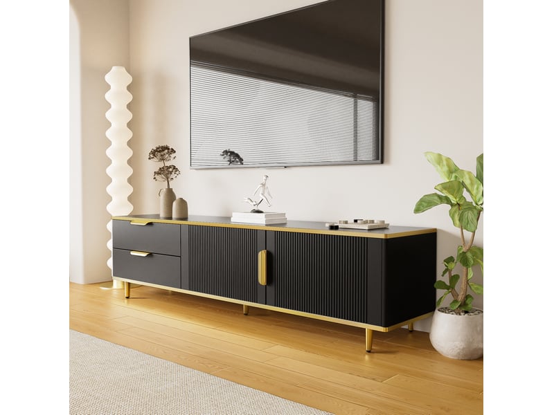  Meuble tv modenvie noir et doré 170 x 37 x 45 cm 2 tiroirs 2 portes mdf panneaux de particules  - Conforama E