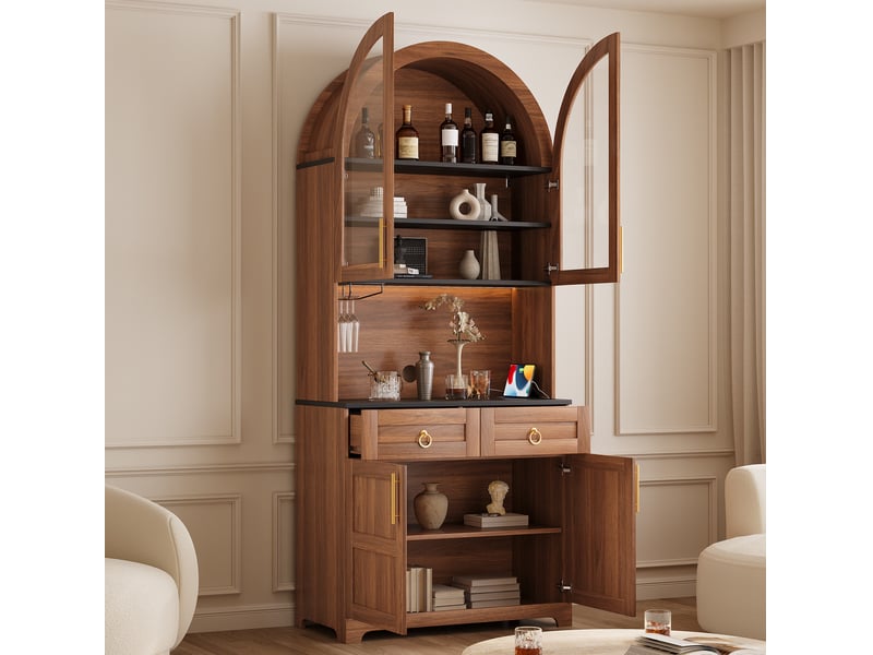 Buffet 80x40x180 cm avec vitrine en verre cintrée, éclairage led, prise intégrée et usb, 2 tiroirs, en mdf, noyer - Conforama E