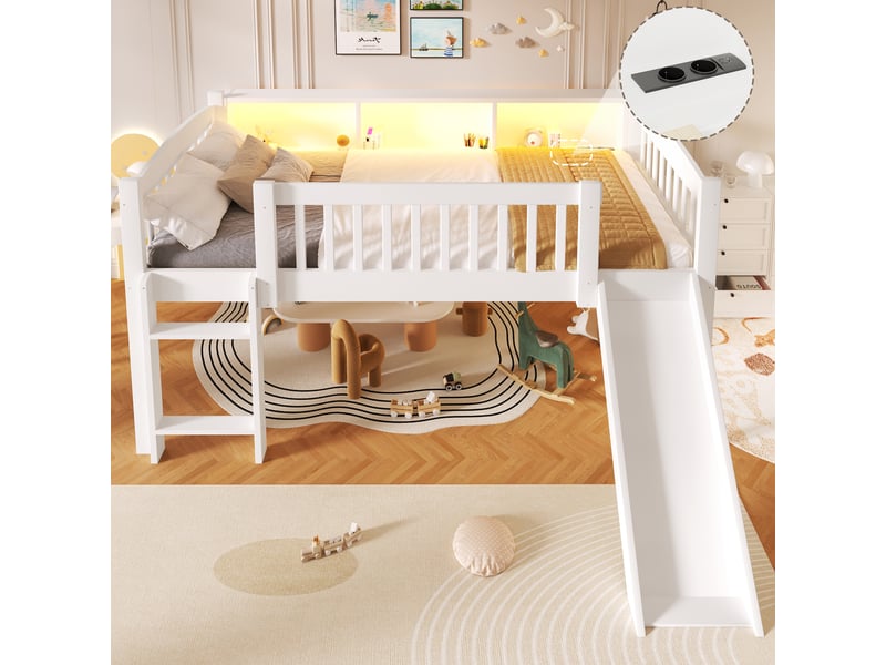  Lit mezzanine enfant 90x200 cm avec 3 rangements, led bluetooth, station usb et toboggan en bois - blanc  - Conforama B