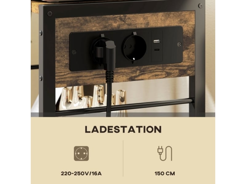  Meuble imprimante sur roulettes, prises, ports usb et usb-c, charge 40 kg, marron rustique  - Conforama D