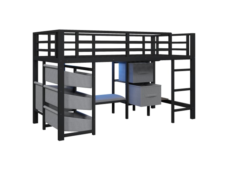  Lit demi-hauteur 90x200 cm noir métal, led rgb, rangements tissu (tiroir et poche), assise et coussins, sans matelas  - Conforama D