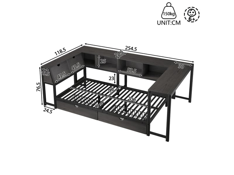 Lit enfant 90x200 cm avec bureau intégré, rangement avec tiroirs et tête de lit, éclairage led, structure métal, noir - Conforama C