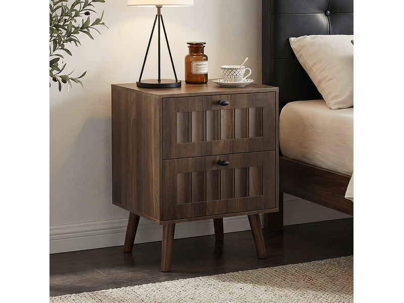  Table de chevet 43,5x40x57,5 cm, 2 tiroirs, design rétro, meuble de chambre, style moderne, mdf et aggloméré, noyer  - Conforama D