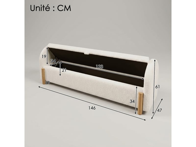  Banc de lit blanc 146 cm avec rangement, tissu bouclette, bout de lit  - Conforama C