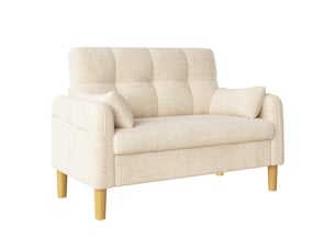 Canapé 2 places, beige en tissu chenille, canapé compact avec 2 coussins et poches latérales pour salon, chambre et petit appartement