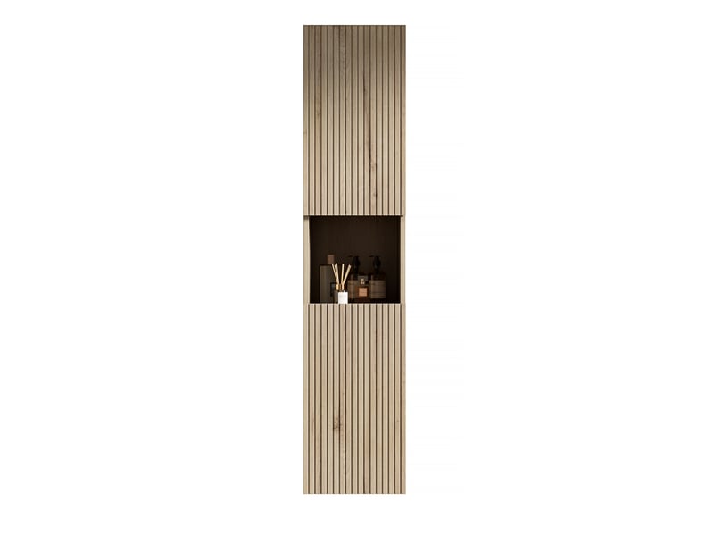 Armoire de salle de bain avec 2 portes, niche, étagères réglables et fermeture amortie, en contreplaqué chêne blanc - Conforama A