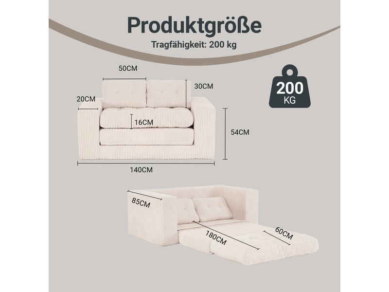  Canapé convertible 2 places en lit pliant sans cadre  - coussins amovibles, velours côtelé - beige  - Conforama D