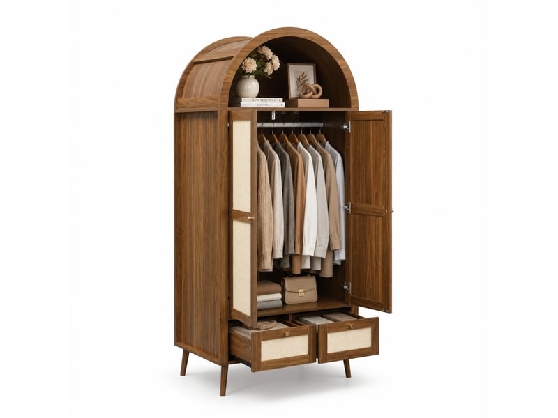  Armoire à vêtements 2 portes avec tringle, 2 tiroirs, niche ouverte, effet rotin, noyer et beige  - Conforama A