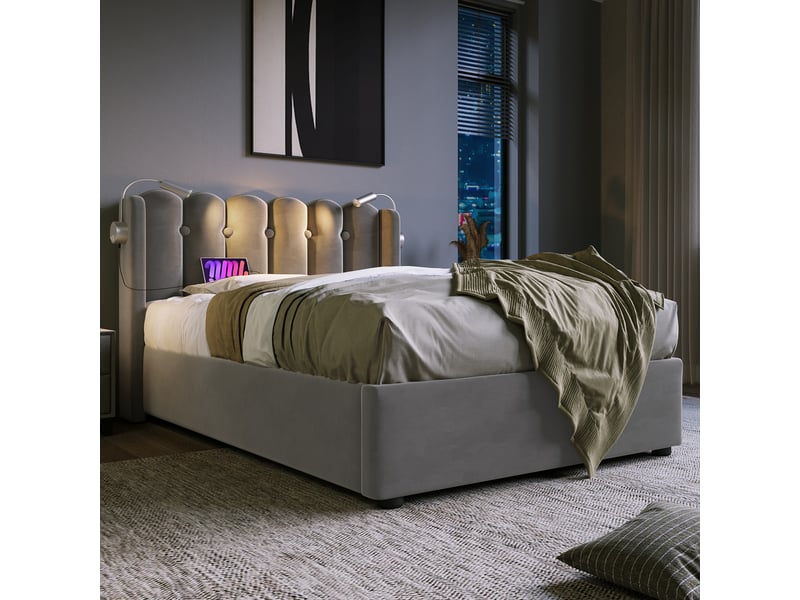 Lit coffre simple 90x200 cm avec lampe de lecture et usb, velours, gris, matelas inclus - Conforama B