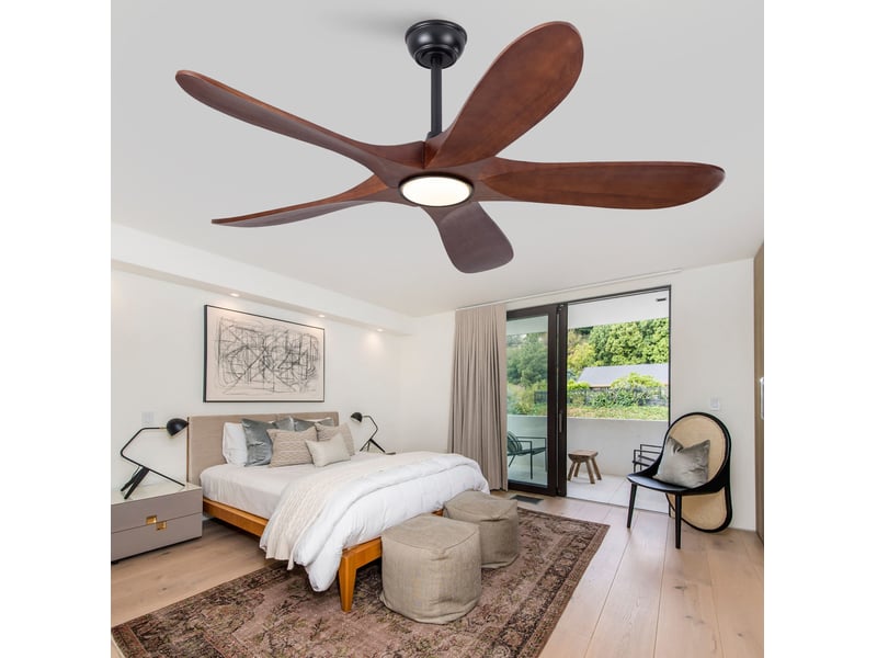  Ventilateur de plafond 52 pouces avec lumière led, 5 pales en bois, télécommande, 6 vitesses, noir bois foncé  - Conforama B