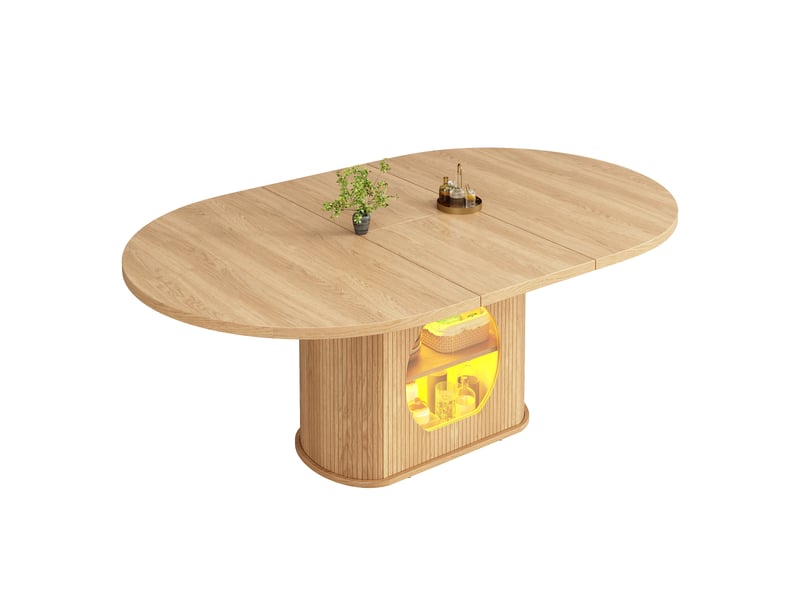  Table à manger extensible ovale 118–158 x 118 x 76,8 cm, 4 à 6 personnes, rangement intégré, led avec appli, portes push-to-open, finition naturelle  - Conforama A