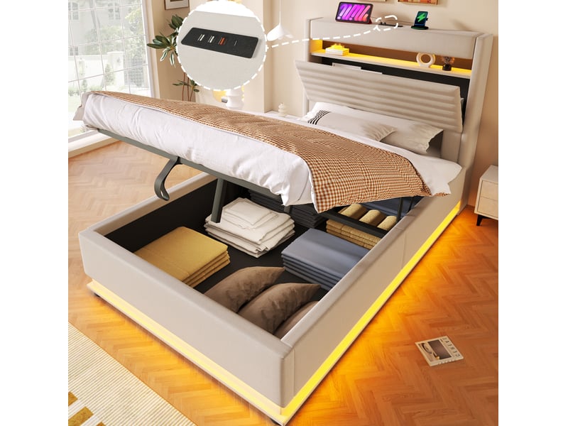  Modenvie lit coffre 90x200 cm - rangement hydraulique, led et ports usb usb-c - sans matelas - beige  - Conforama B