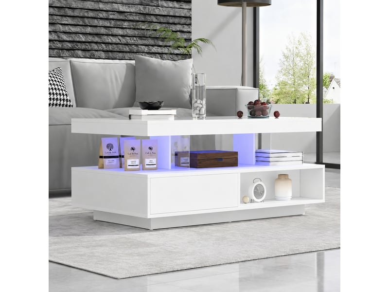  Table basse blanche brillante 95 x 50 x 42,5 cm, led bluetooth, 2 tiroirs, verre, blanc  - Conforama C