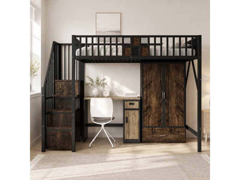 Lit mezzanine 90x200 cm avec armoire, tiroirs et échelle de rangement noir  - Conforama D