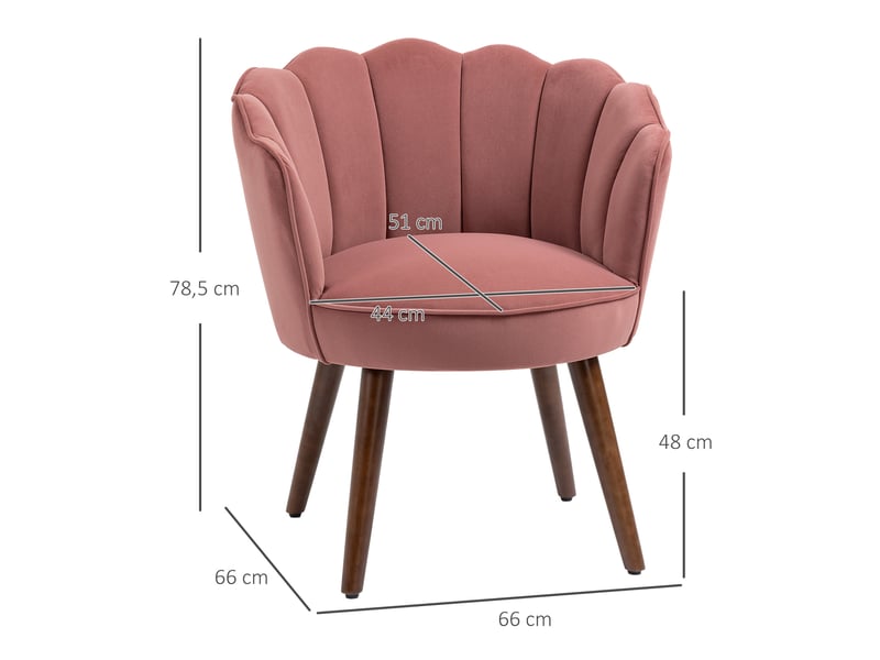  Fauteuil avec accoudoirs et dossier en forme de lotus, assise rembourrée, pieds en bois d’hévéa, polyester rose  - Conforama C