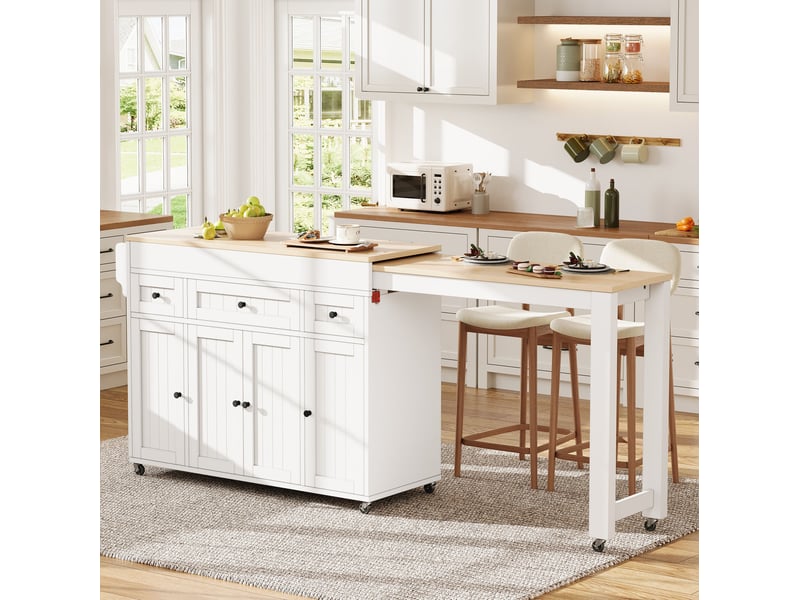 Desserte de cuisine avec plateau extensible, 3 tiroirs, étagères réglables et porte-épices, sur roulettes, blanc naturel - Conforama C