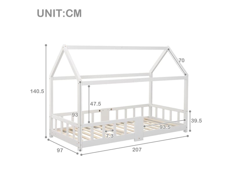 Lit enfant 90x200 cm, lit maison en bois, barrières anti-chute, sommier inclus, sans matelas, blanc - Conforama D