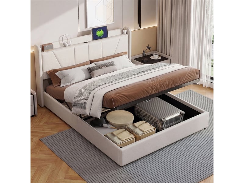 Lit 160x200cm - lit coffre 160x200cm - lit hydraulique en lin avec tête de lit à rangement, 2 ports usb et 1 port type-c - beige - Conforama C