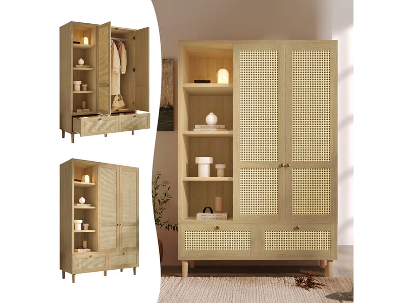  Armoire penderie 2 portes en rotin tressé style campagne, chêne avec étagères ouvertes, 180x120x50 cm  - Conforama B