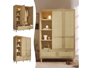 Armoire penderie 2 portes en rotin tressé style campagne, chêne avec étagères ouvertes, 180x120x50 cm