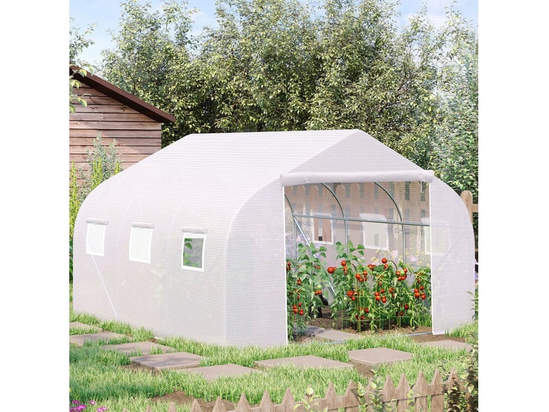 Serre tunnel 445x299x205 cm – blanche – film pe 140 gm² anti-uv, 6 fenêtres enroulables et porte zippée - Conforama B