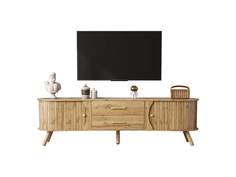 Meuble tv en forme de pois aspect rainure verticale, 2 portes coulissantes + 2 tiroirs, matériau mdf, naturel  - Conforama A