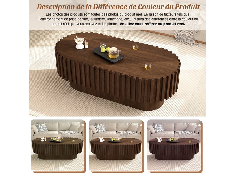  Table basse ovale avec tiroir 100x50x35,5 cm - design à lattes verticales couleur noyer  - Conforama E