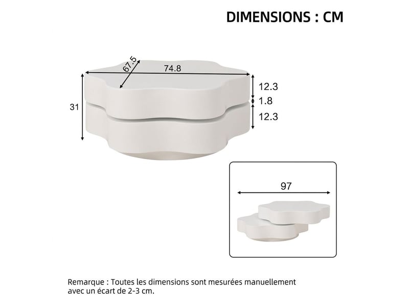 Table basse 700 x 700 x 355 mm blanche en mdf plateau pivotant 360 degrés led pour salon - Conforama E