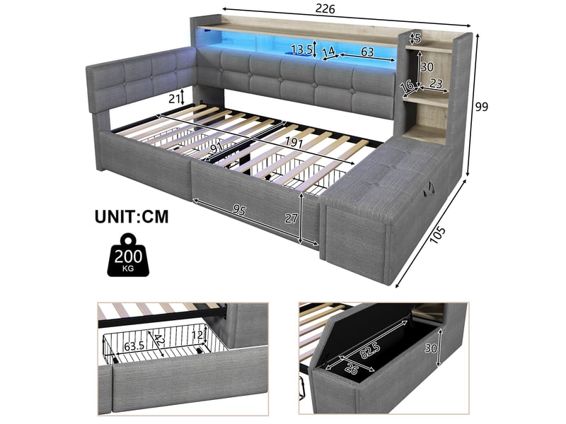  Lit banquette 90x190 cm, 2 tiroirs et led, en tissu, gris foncé, sans matelas  - Conforama C