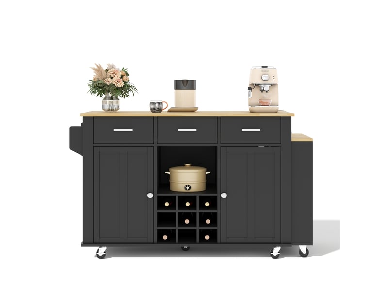 Îlot de cuisine avec plan de travail extensible, desserte de cuisine à roulettes avec 3 tiroirs, casier à vin et prises usb, noirchêne - Conforama A