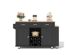 Îlot de cuisine avec plan de travail extensible, desserte de cuisine à roulettes avec 3 tiroirs, casier à vin et prises usb, noirchêne