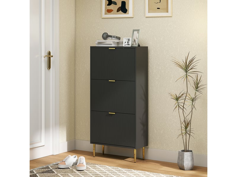  Meuble à chaussures 18 paires avec 3 tiroirs rabattables, portes cannelées et étagères réglables, 60x24x122,5cm, noir  - Conforama C