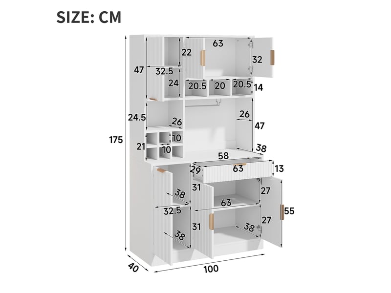 Vaisselier blanc buffet haut salle à manger avec prises électriques et range bouteilles, armoire de cuisine 100x40x175 cm  - Conforama C