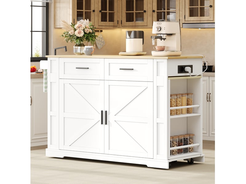  Desserte de cuisine extensible 130-205 x 50 cm, 2 tiroirs, blanc et bois  - Conforama E
