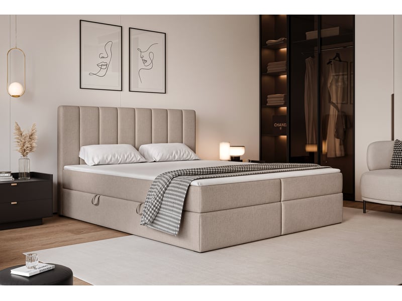  Lit coffre leo - 160x200 cm - avec matelas et surmatelas - tissu tissé chiné - cappuccino LEO - Conforama B