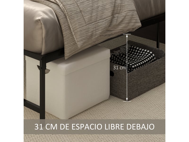 Cadre de lit double 135x190 en métal noir, structure stable avec espace de rangement sous le lit - Conforama R