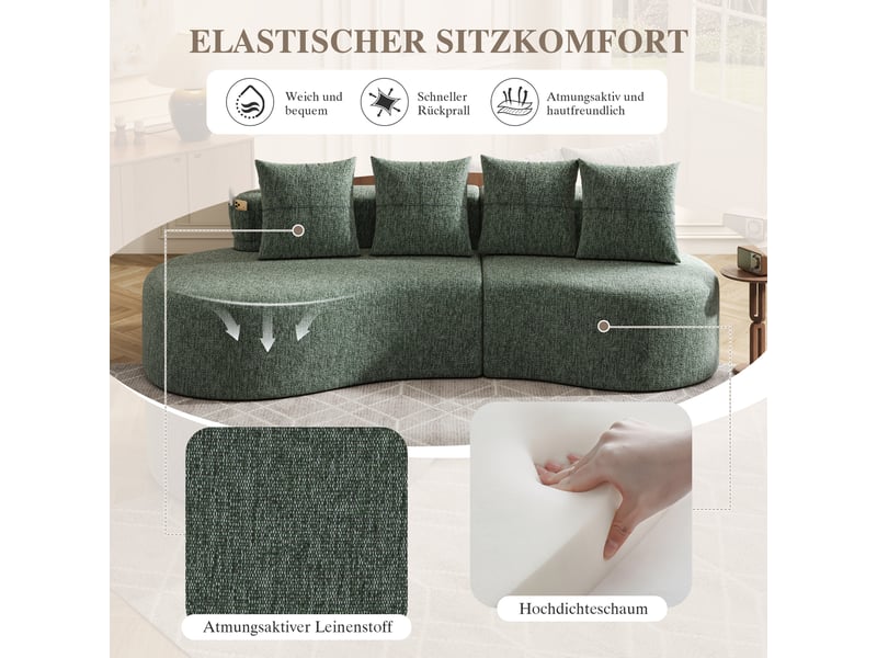  Canapé droit en tissu coton et lin vert, 4 places, 240 cm, avec rangement W2845S00251 - Conforama R