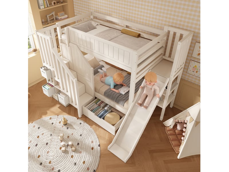  Lit superposé enfant 90x200 cm – blanc – toboggan, escalier avec rangements et grands tiroirs, sans matelas  - Conforama B