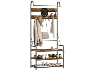 Porte-manteau d'entrée avec tringle, 10 crochets, banc et étagère à chaussures, en bois et métal, 80 x 40 x 182 cm, marron et noir