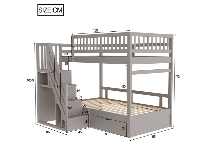 Lit superposé 90x200 cm avec rangement en bois gris - Conforama E