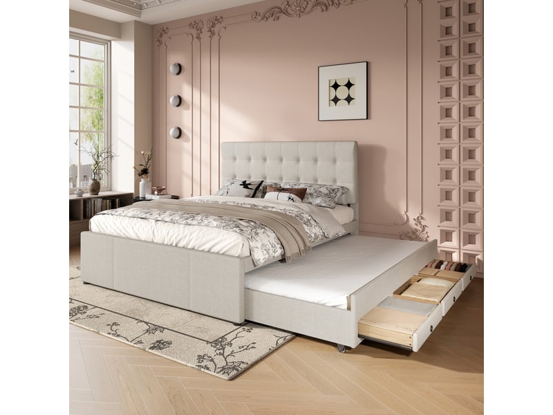  Lit 140x200 cm beige avec tête de lit réglable, 3 tiroirs et lit gigogne  - Conforama D