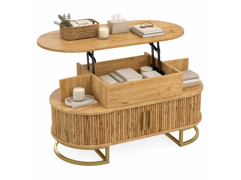 Table basse relevable ovale 100x50 cm – naturel – rangement avec portes coulissantes et étagère - Conforama A